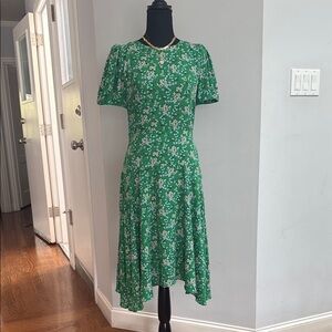 LOFT Green Puff Sleeve A-Line Dress for Wedding Guest